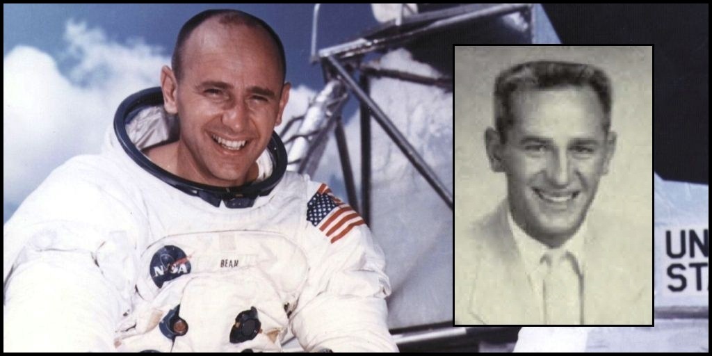 Alan Bean in space suit in Apollo 12 NASA photo with photo from cactus yearbook to the side